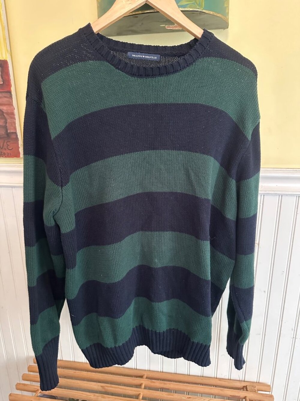 Brandy Melville Green & Navy Striped Knit Sweater Crew Neck